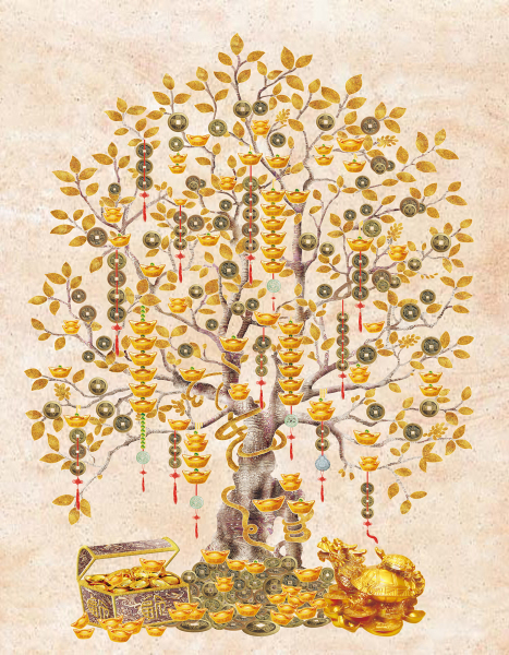 背景墙-中式风 玄关，隔断，移门，电视背景墙，高清图，高清平开门，LYF-367，发财树，元宝，铜钱